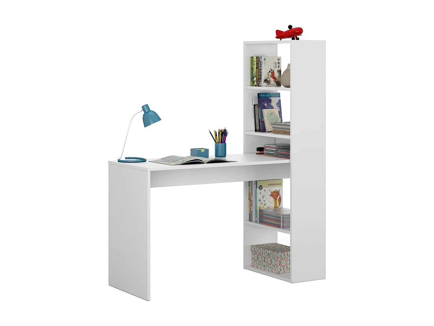 Bureau avec 5 étagères coloris Blanc Artik en mélamine - 144 x 120 x 53 cm