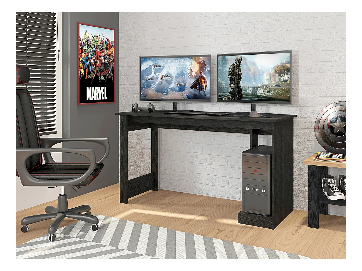 Bureau gamer / bureau informatique coloris Noir - Heuteur 75 x longueur 136 x profondeur 54 cm