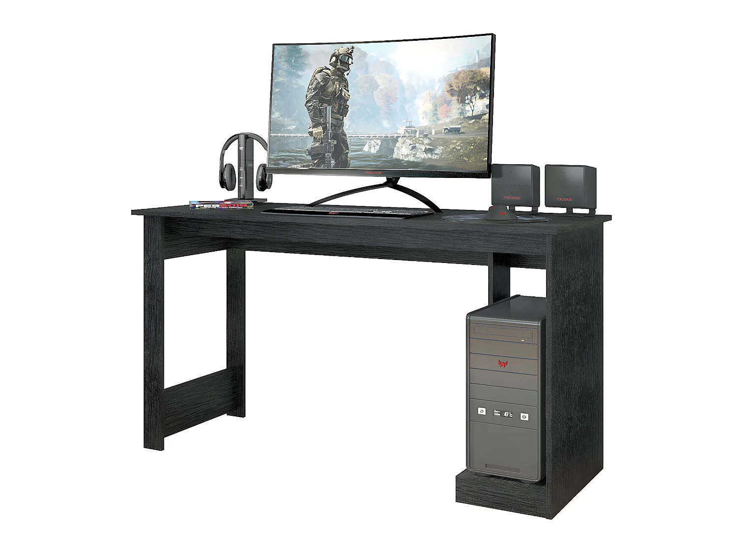 Bureau gamer / bureau informatique coloris Noir - Heuteur 75 x longueur 136 x profondeur 54 cm