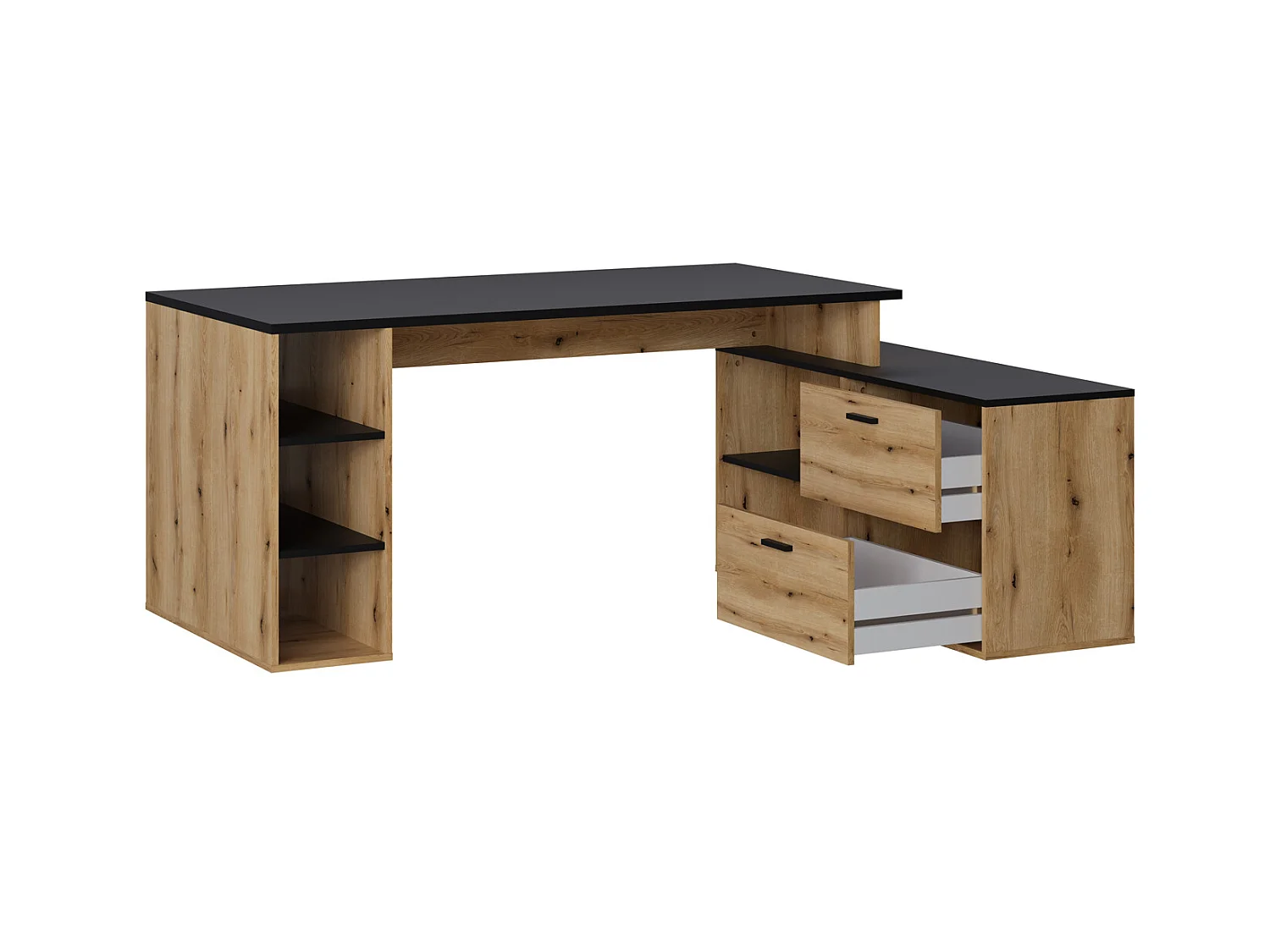 Bureau d'angle en mélamine coloris imitation chêne rustique / noir - Longueur 183 x profondeur 141 x Hauteur 75 cm