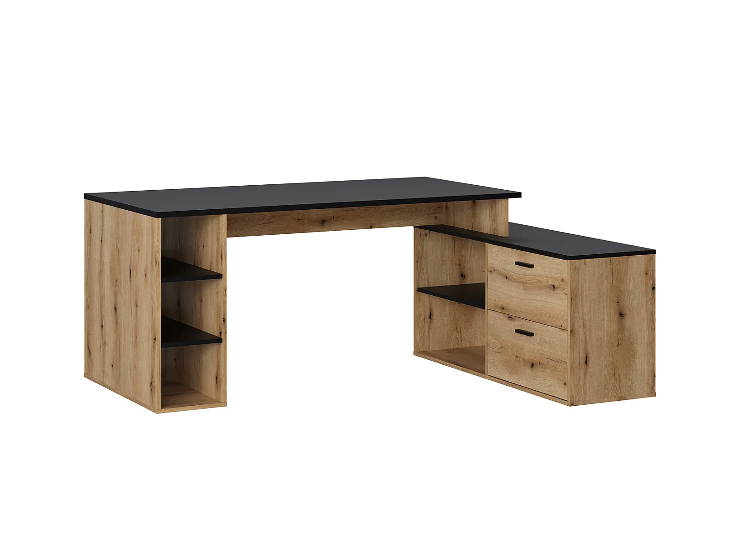Bureau d'angle en mélamine coloris imitation chêne rustique / noir - Longueur 183 x profondeur 141 x Hauteur 75 cm