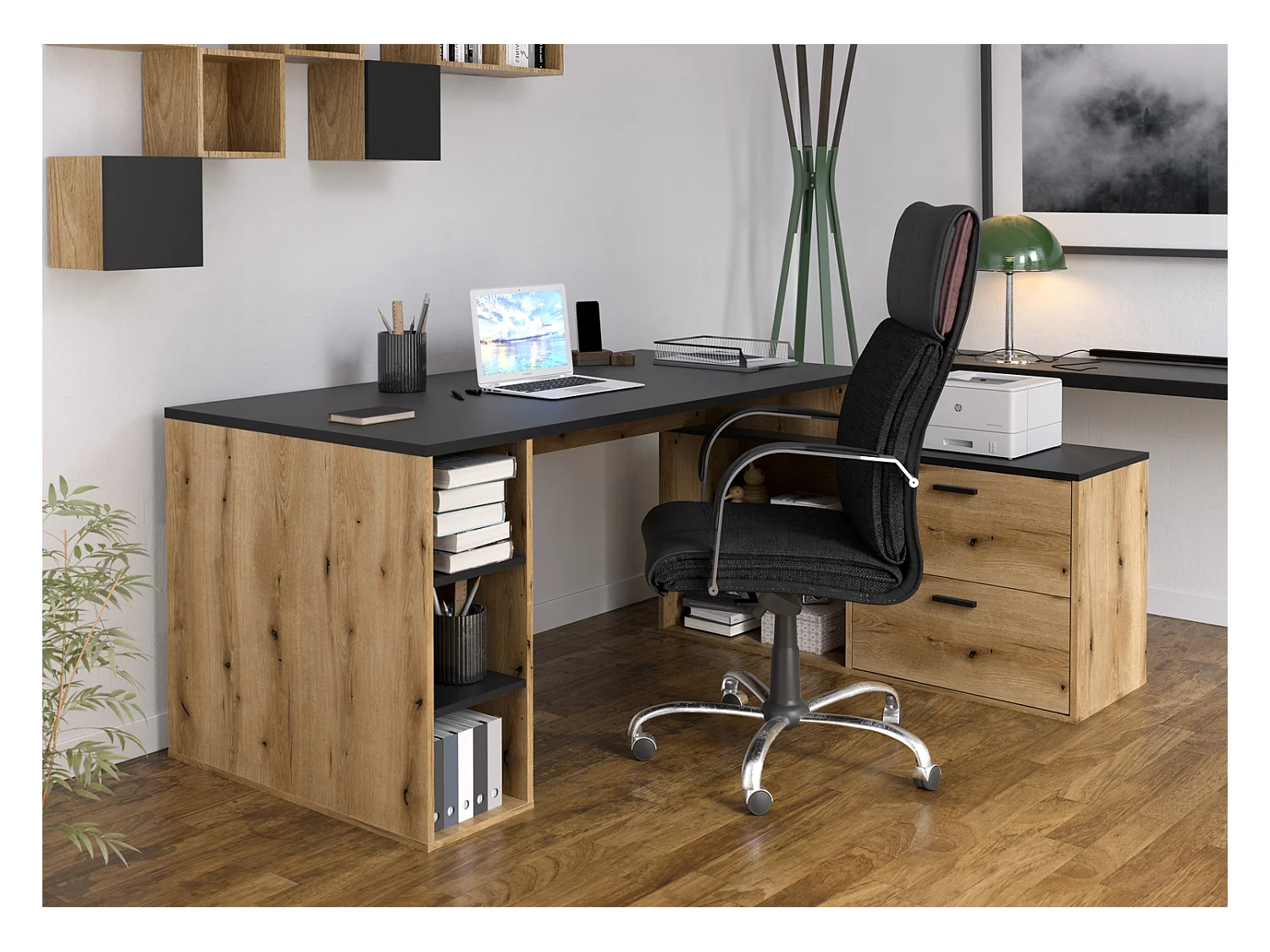 Bureau d'angle en mélamine coloris imitation chêne rustique / noir - Longueur 183 x profondeur 141 x Hauteur 75 cm