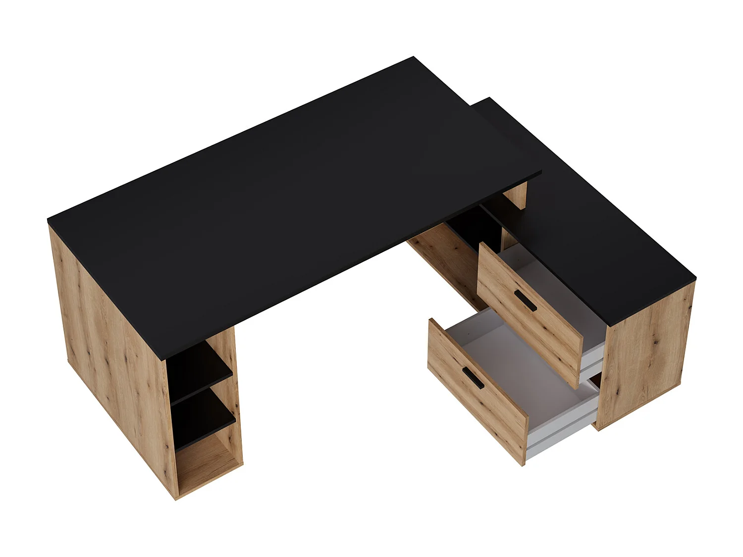 Bureau d'angle en mélamine coloris imitation chêne rustique / noir - Longueur 183 x profondeur 141 x Hauteur 75 cm