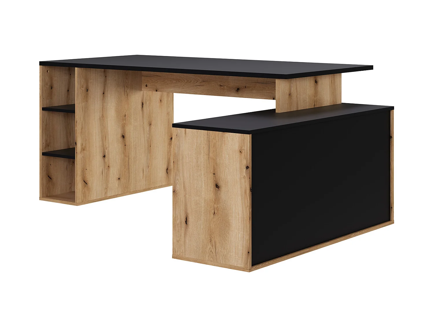 Bureau d'angle en mélamine coloris imitation chêne rustique / noir - Longueur 183 x profondeur 141 x Hauteur 75 cm