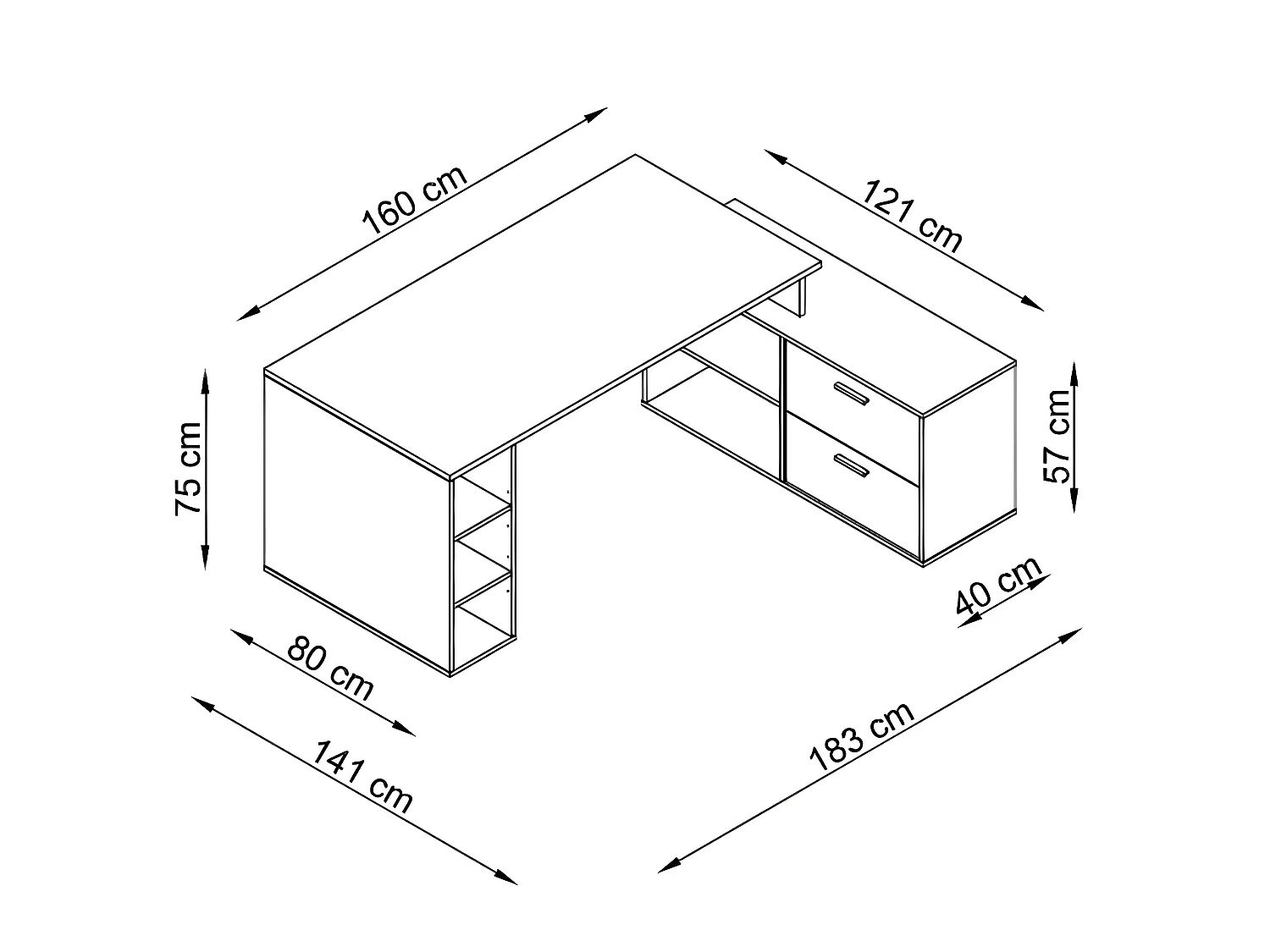Bureau d'angle en mélamine coloris imitation chêne rustique / noir - Longueur 183 x profondeur 141 x Hauteur 75 cm