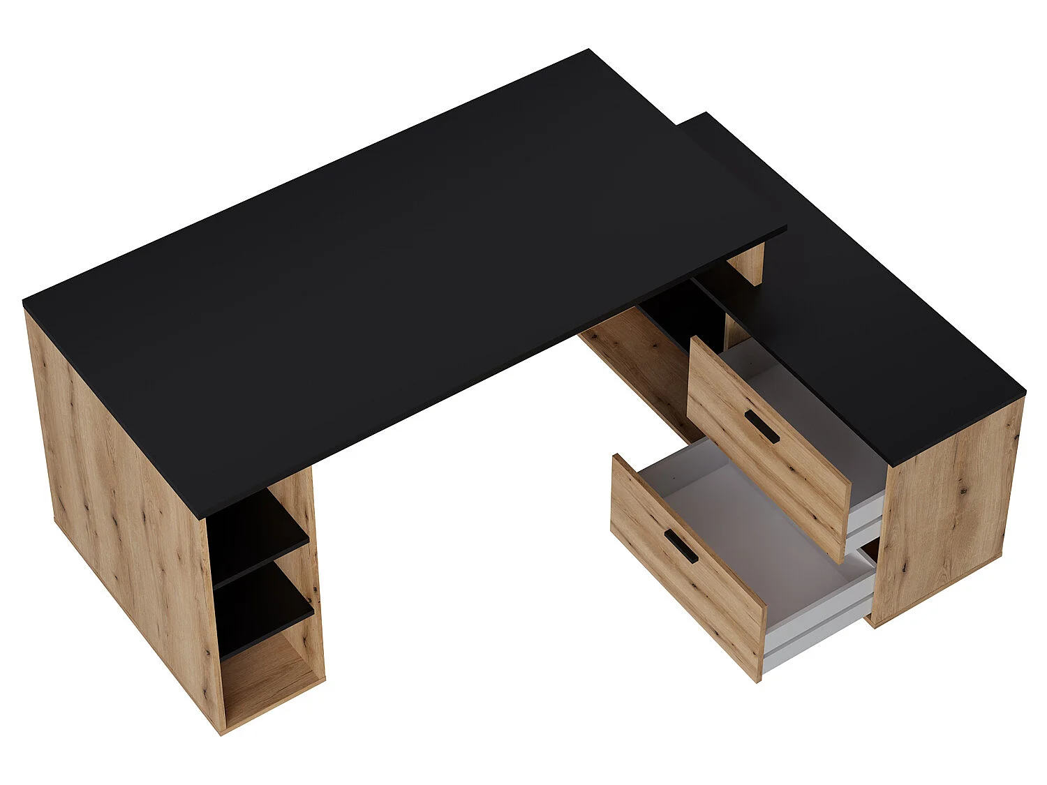 Bureau d'angle en mélamine coloris imitation chêne rustique / noir - Longueur 183 x profondeur 141 x Hauteur 75 cm