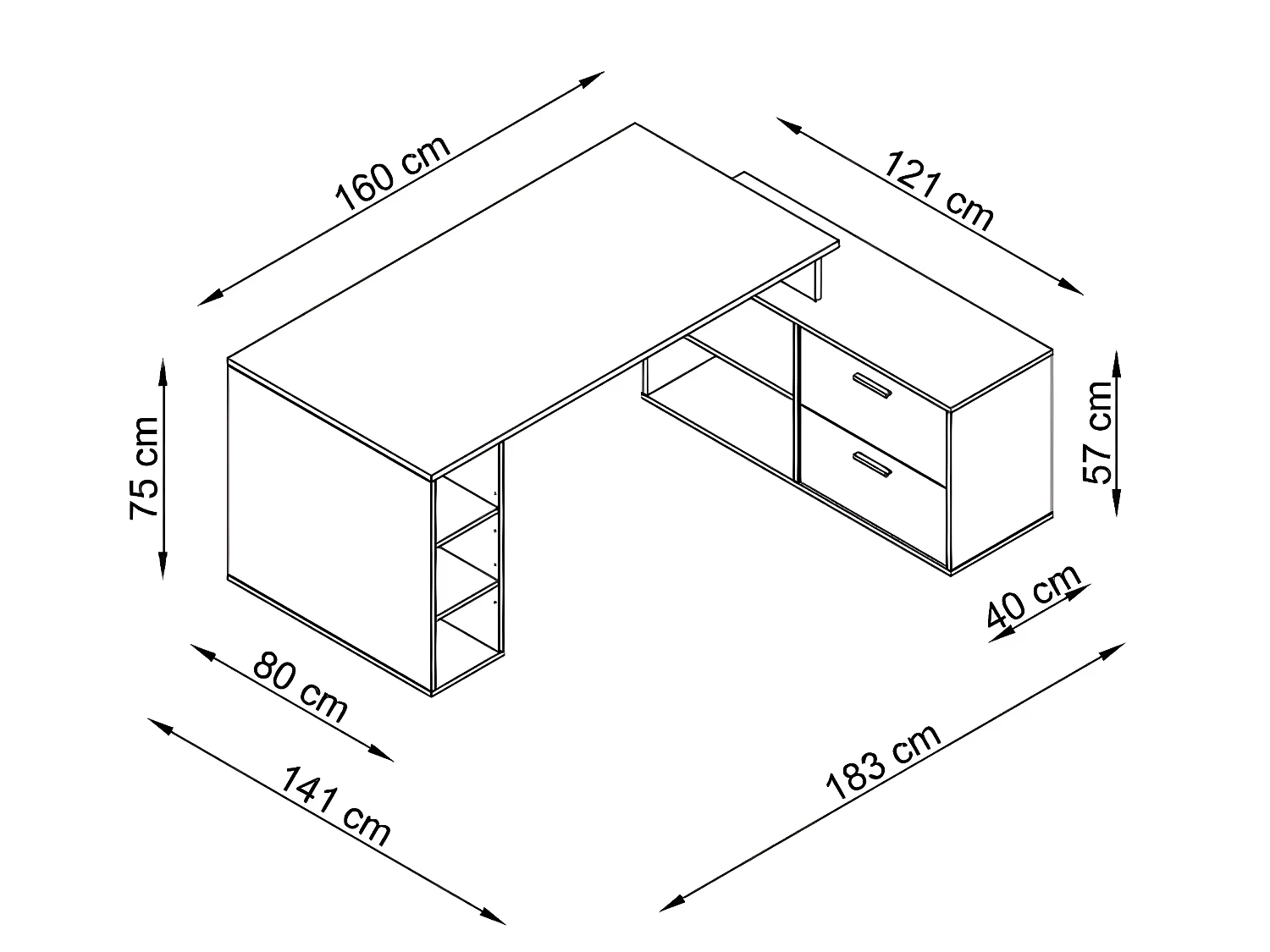 Bureau d'angle en mélamine coloris imitation chêne rustique / noir - Longueur 183 x profondeur 141 x Hauteur 75 cm