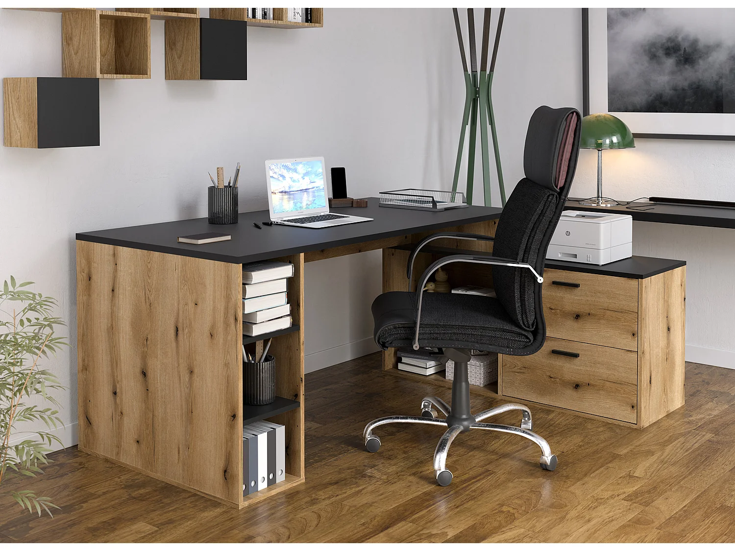 Bureau d'angle en mélamine coloris imitation chêne rustique / noir - Longueur 183 x profondeur 141 x Hauteur 75 cm