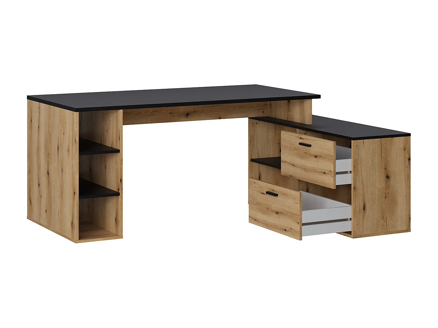 Bureau d'angle en mélamine coloris imitation chêne rustique / noir - Longueur 183 x profondeur 141 x Hauteur 75 cm