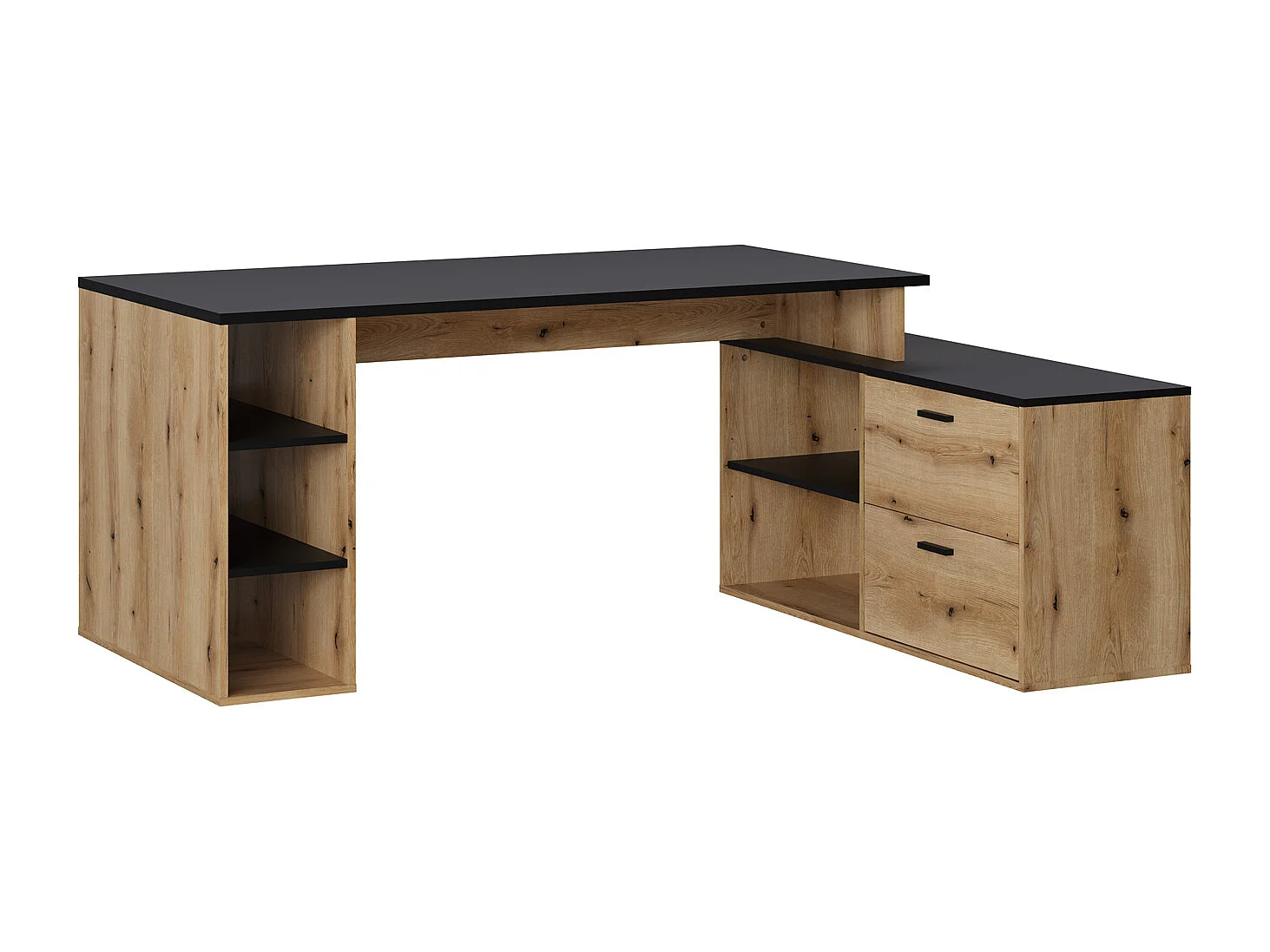 Bureau d'angle en mélamine coloris imitation chêne rustique / noir - Longueur 183 x profondeur 141 x Hauteur 75 cm