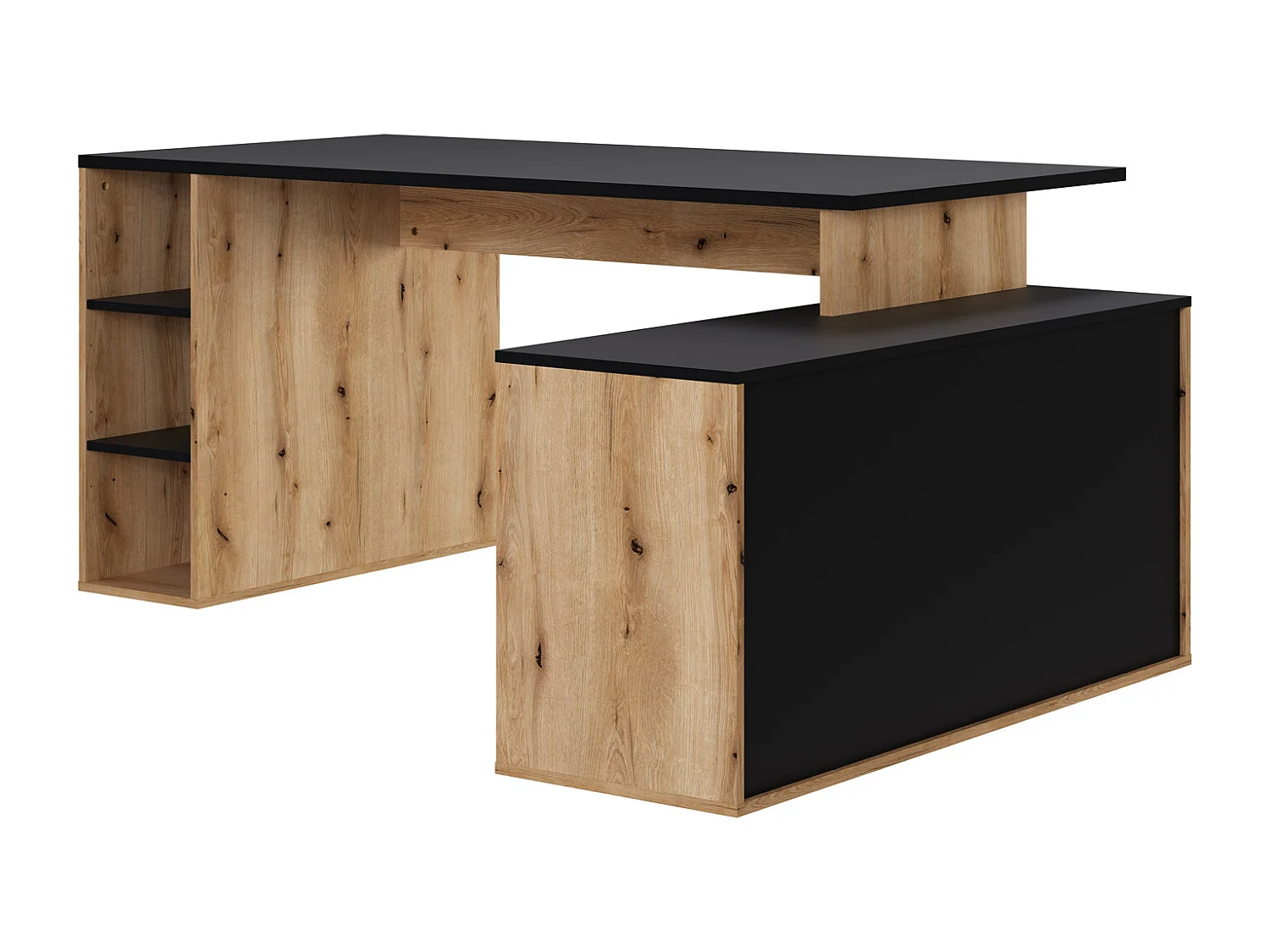 Bureau d'angle en mélamine coloris imitation chêne rustique / noir - Longueur 183 x profondeur 141 x Hauteur 75 cm