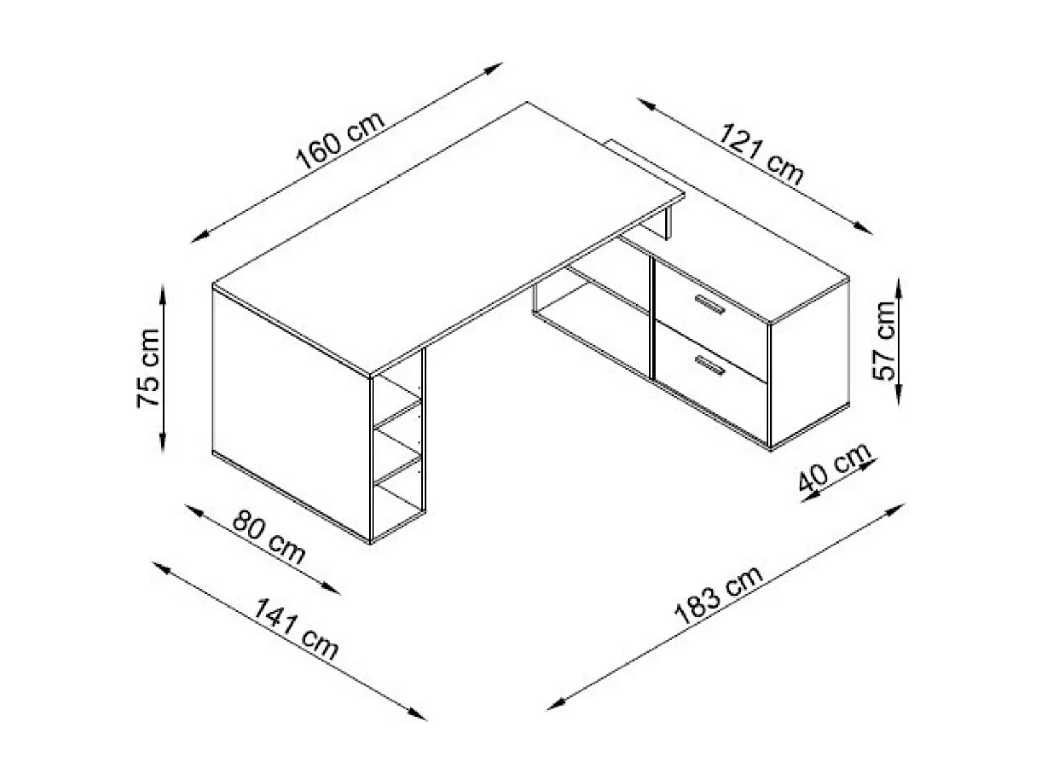 Bureau d'angle en mélamine coloris imitation chêne rustique / noir - Longueur 183 x profondeur 141 x Hauteur 75 cm