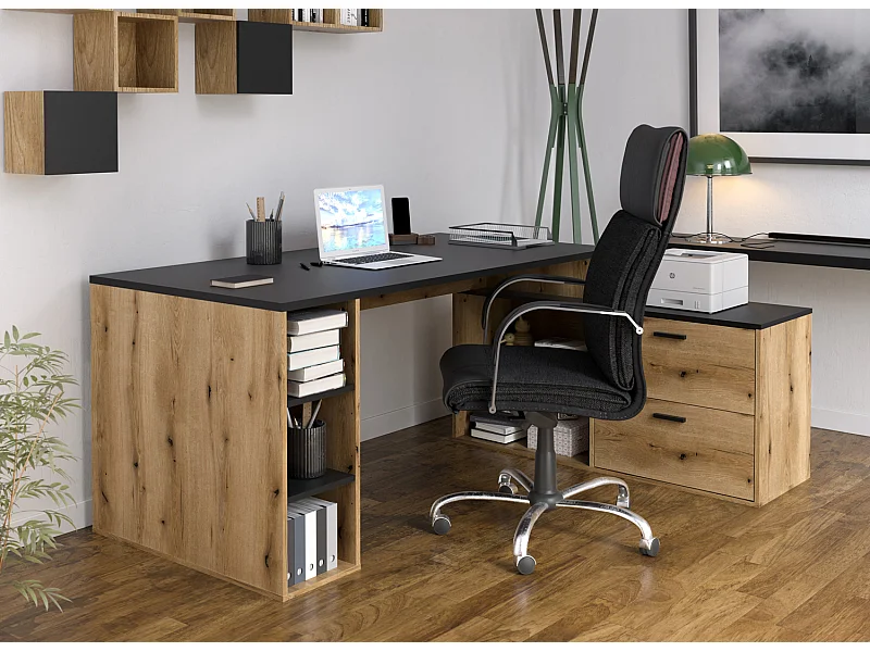 Bureau d'angle en mélamine coloris imitation chêne rustique / noir - Longueur 183 x profondeur 141 x Hauteur 75 cm
