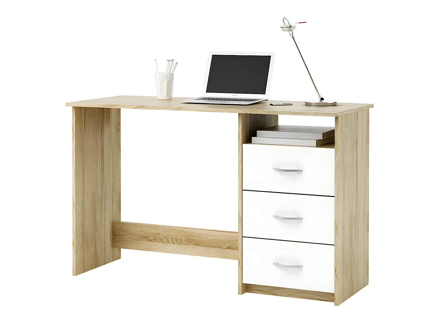 Bureau 1 caisson 3 tiroirs Chêne brossé / Blanc perle, L 123 x H 76 x P 50 cm
