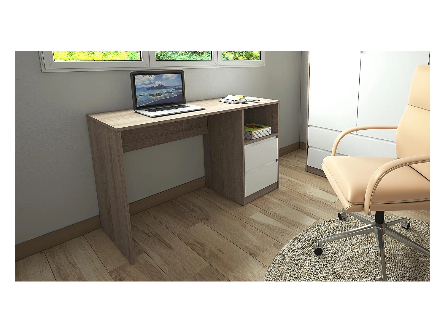 Bureau coloris chêne Cortez / blanc - Longueur 120 x Hauteur 75 x Profondeur 50 cm