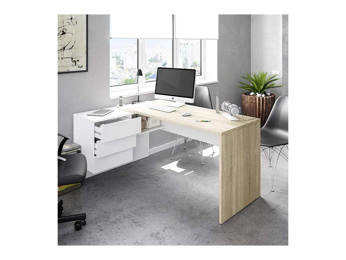 Bureau + caisson avec 3 tiroirs Chêne canadian / Blanc Artik- 73 x 145 x 108 cm