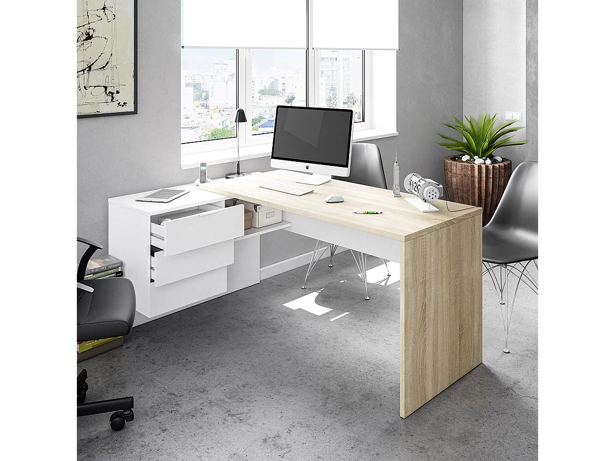 Bureau + caisson avec 3 tiroirs Chêne canadian / Blanc Artik- 73 x 145 x 108 cm