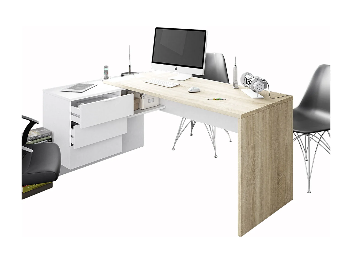 Bureau + caisson avec 3 tiroirs Chêne canadian / Blanc Artik- 73 x 145 x 108 cm