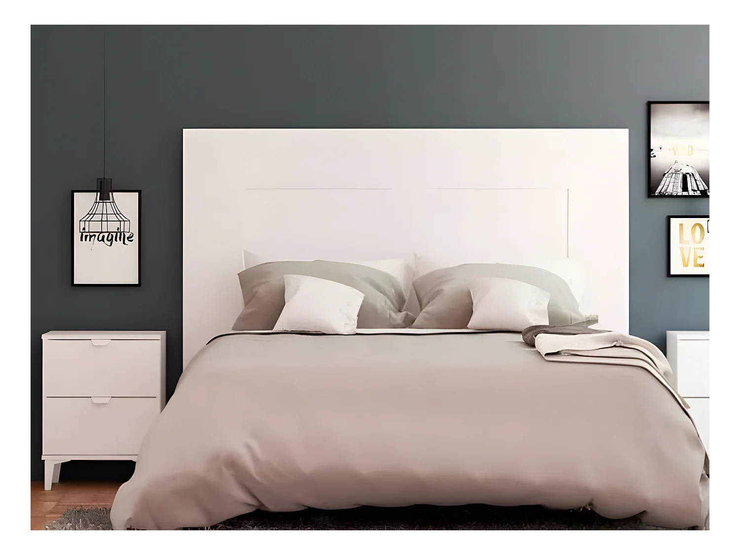 Tête de lit en bois et coton coloris blanc - Longueur 165 x Profondeur 2,5 x Hauteur 130 cm