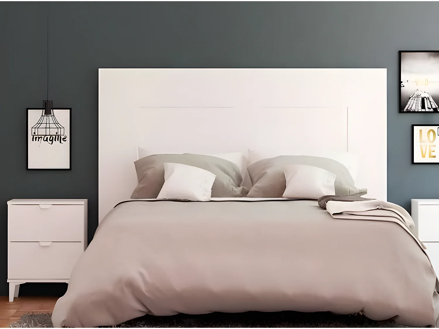 Tête de lit en bois et coton coloris blanc - Longueur 165 x Profondeur 2,5 x Hauteur 130 cm