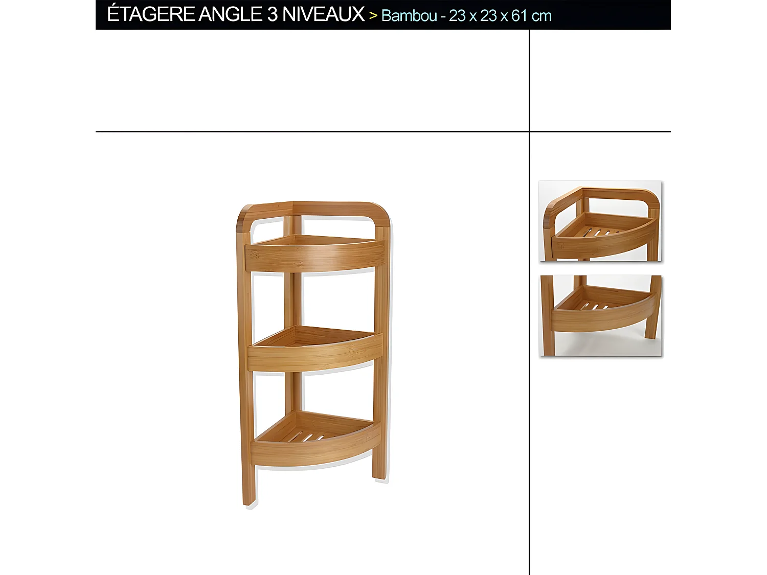 Etagère d'angle de 3 niveaux en bambou PM, H61 x P23 x L23 cm