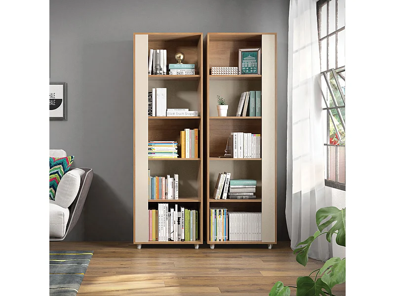 Etagère de 5 tablettes coloris Beige / Chêne Buriti - longueur 60 x profondeur 36 x hauteur 188 cm