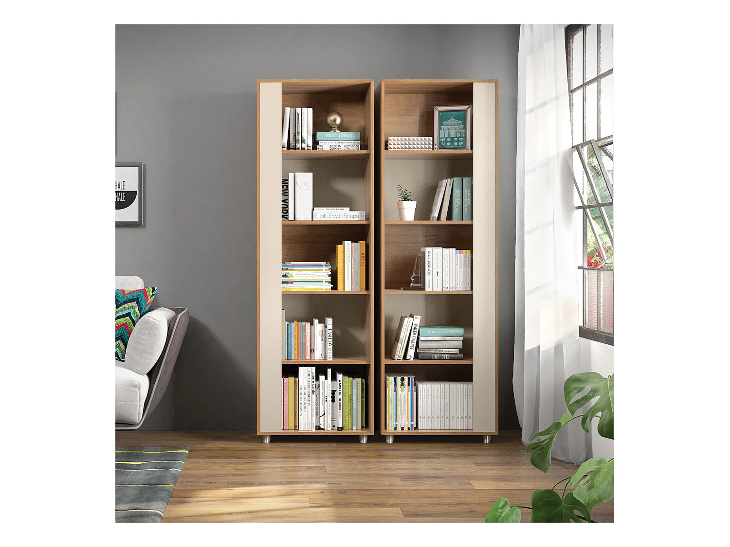 Etagère de 5 tablettes coloris Beige / Chêne Buriti - longueur 60 x profondeur 36 x hauteur 188 cm