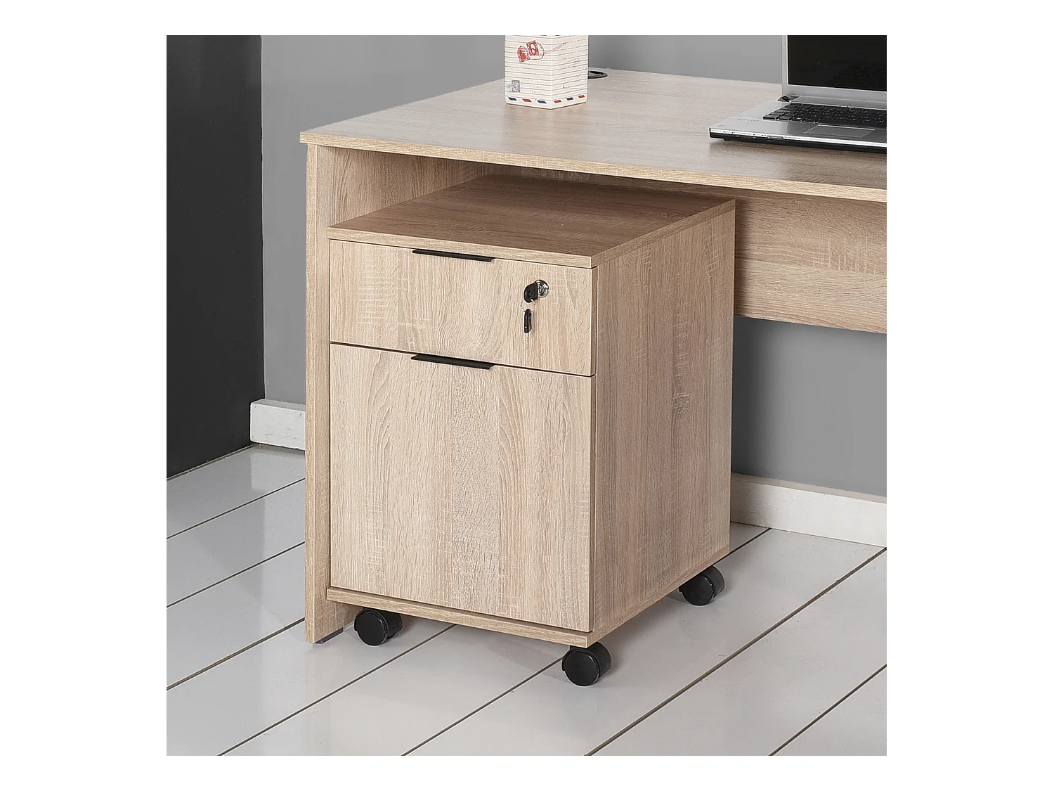 Caisson de 2 tiroirs à roulettes coloris Chêne Cambrian - longueur 41 x profondeur 41 x hauteur 61 cm