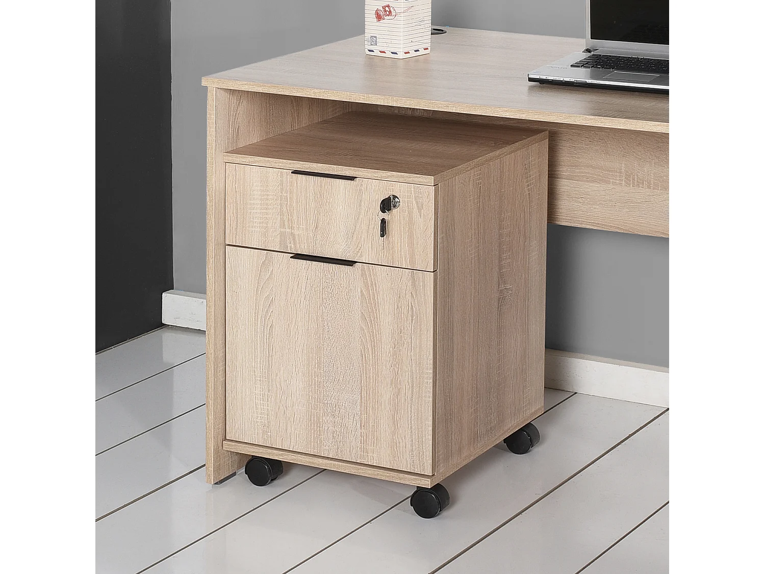 Caisson de 2 tiroirs à roulettes coloris Chêne Cambrian - longueur 41 x profondeur 41 x hauteur 61 cm