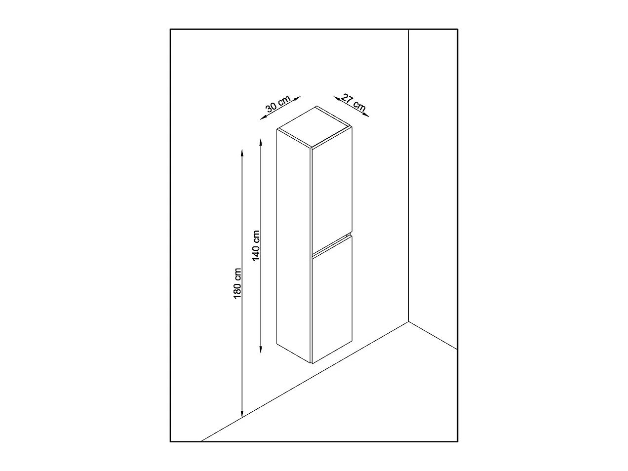 Colonne de salle de bain en mélamine coloris noir mat / chêne - Longueur 30 x profondeur 27 x Hauteur 140 cm