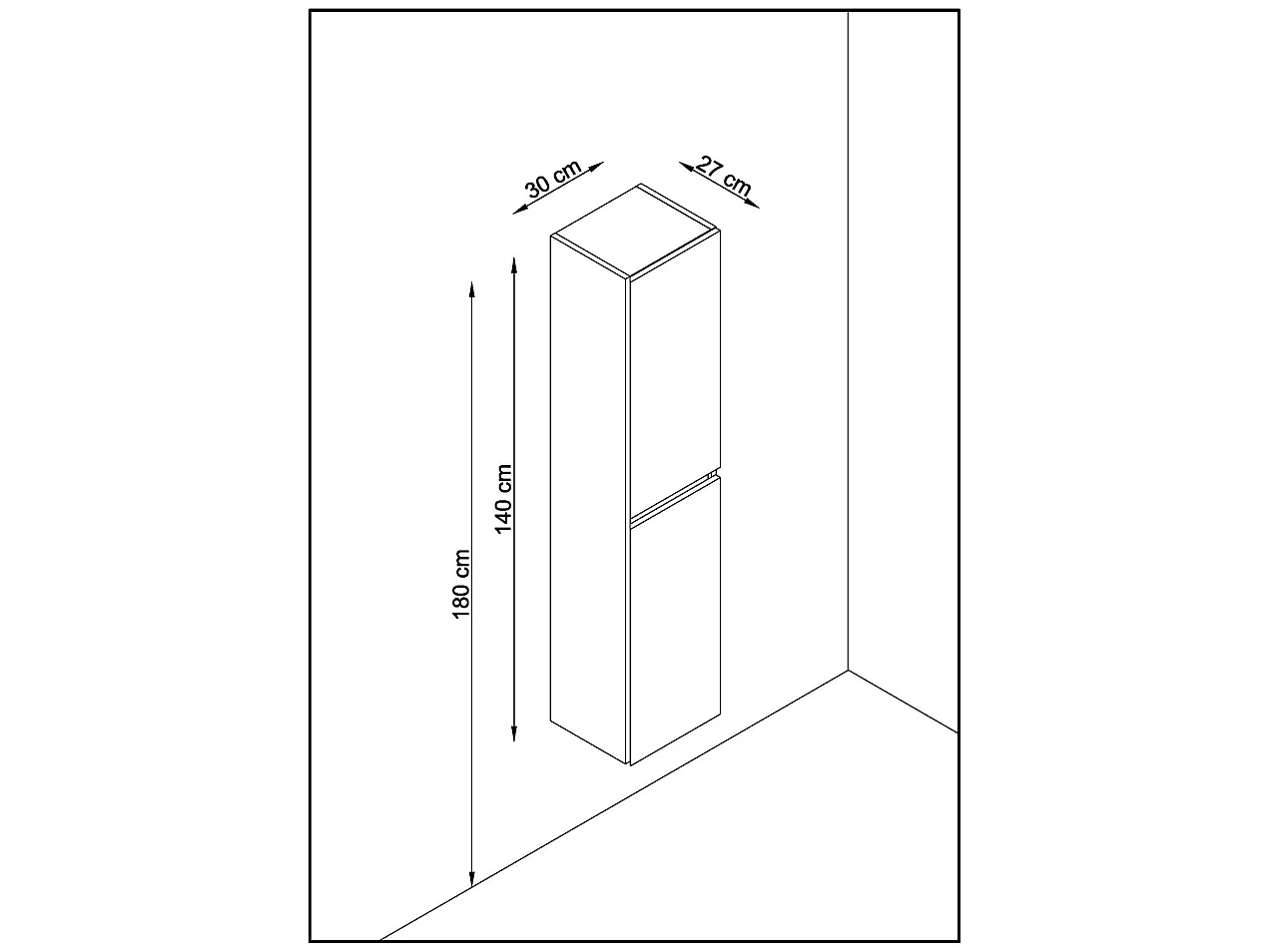 Colonne de salle de bain en mélamine coloris noir mat / chêne - Longueur 30 x profondeur 27 x Hauteur 140 cm