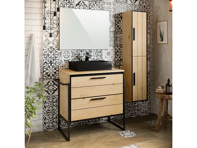 Colonne de salle de bain en mélamine coloris chêne - Longueur 30 x profondeur 25 x Hauteur 140 cm