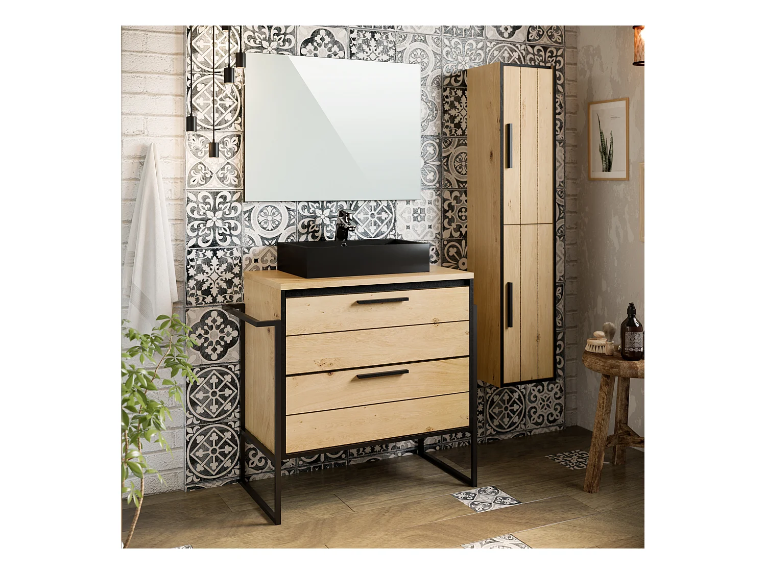 Colonne de salle de bain en mélamine coloris chêne - Longueur 30 x profondeur 25 x Hauteur 140 cm