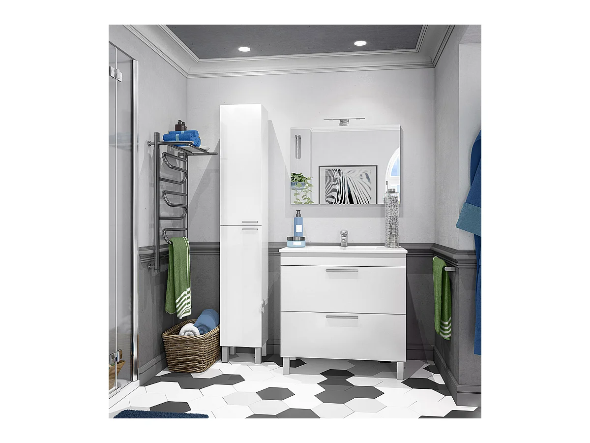 Colonne salle de bain avec 2 portes coloris blanc brillant - 182 x 30 x 25 cm