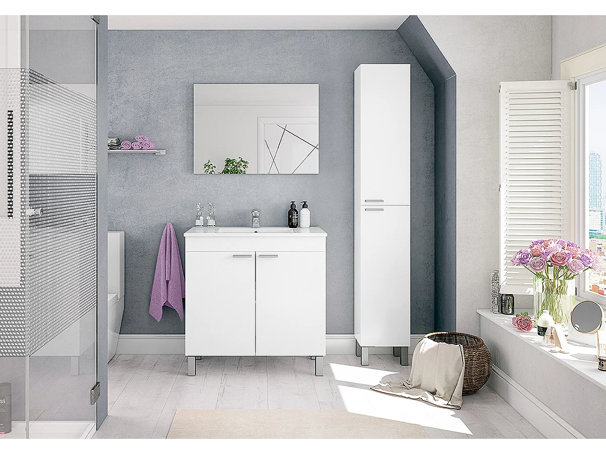 Colonne salle de bain avec 2 portes coloris blanc brillant - 182 x 30 x 25 cm