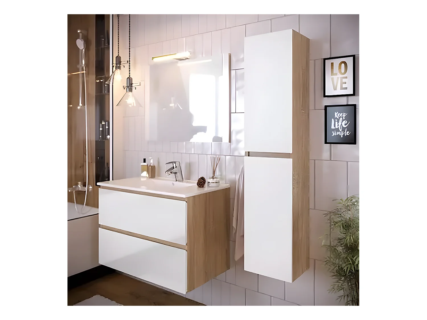 Colonne de salle de bain en mélamine coloris blanc / chêne - Longueur 30 x profondeur 27 x Hauteur 140 cm