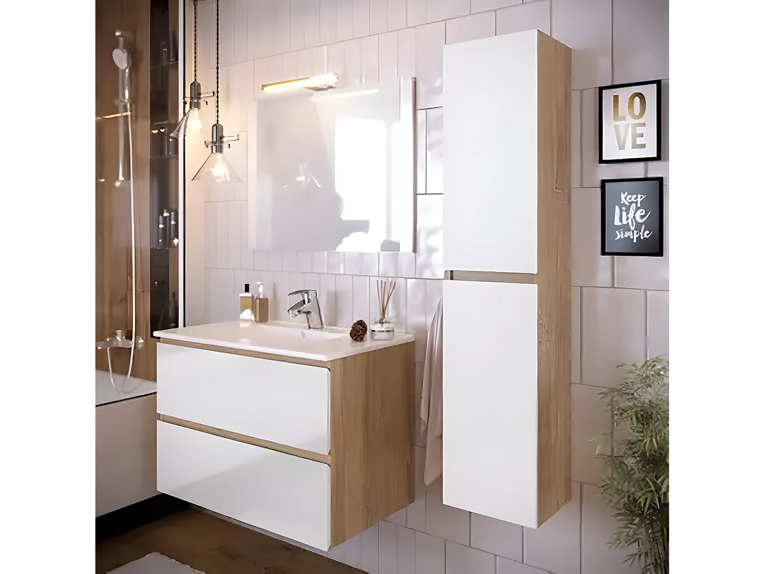 Colonne de salle de bain en mélamine coloris blanc / chêne - Longueur 30 x profondeur 27 x Hauteur 140 cm