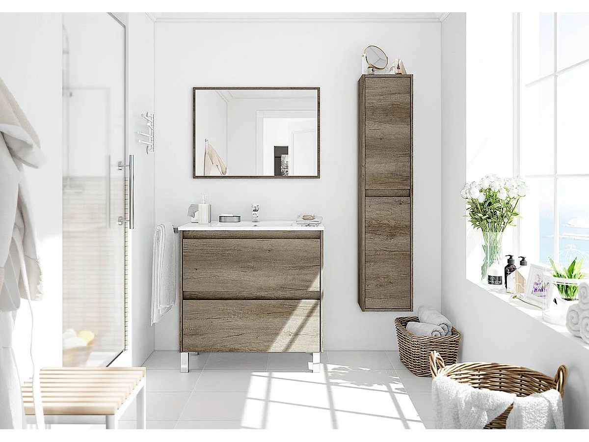 Colonne Salle de Bain Suspendue avec 2 portes coloris nordik - 140 x 30 x 26 cm