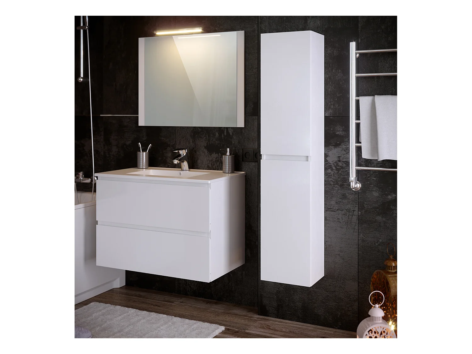 Colonne de salle de bain en mélamine coloris blanc - Longueur 30 x profondeur 27 x Hauteur 140 cm