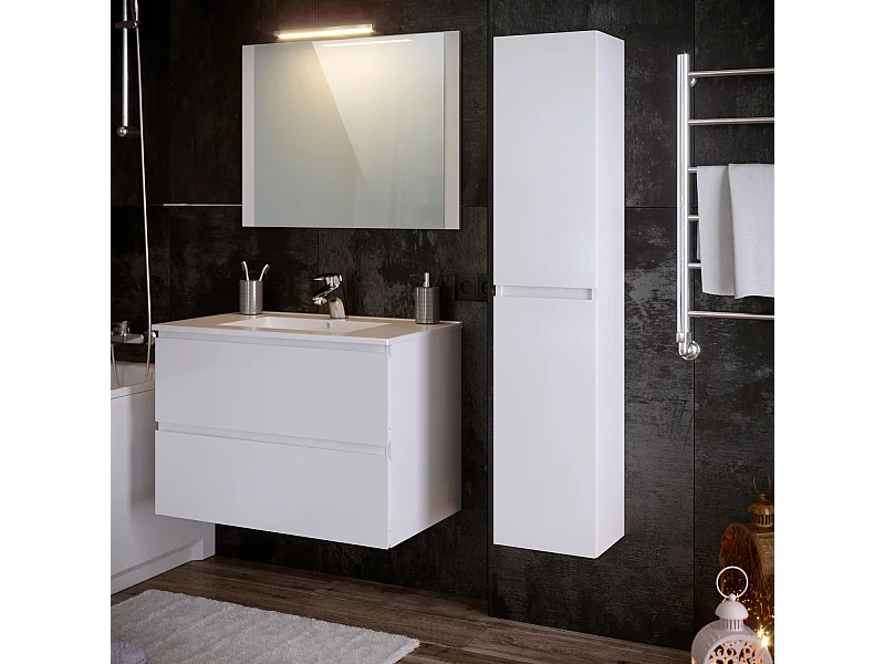 Colonne de salle de bain en mélamine coloris blanc - Longueur 30 x profondeur 27 x Hauteur 140 cm