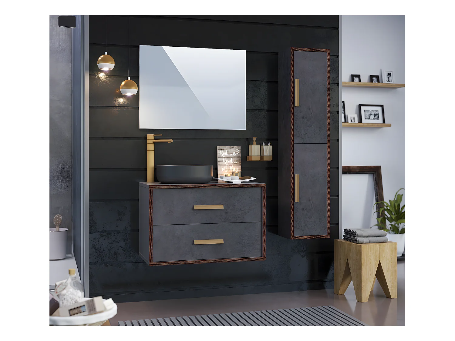 Colonne de salle de bain en mélaminé coloris gris - Longueur 31 x profondeur 25 x Hauteur 140 cm