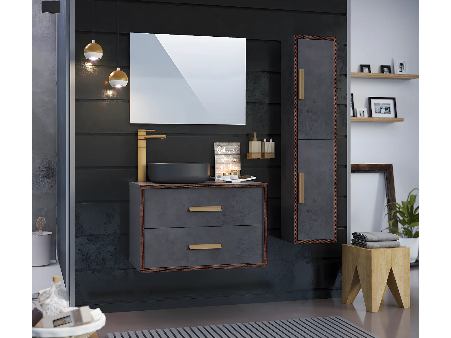 Colonne de salle de bain en mélaminé coloris gris - Longueur 31 x profondeur 25 x Hauteur 140 cm