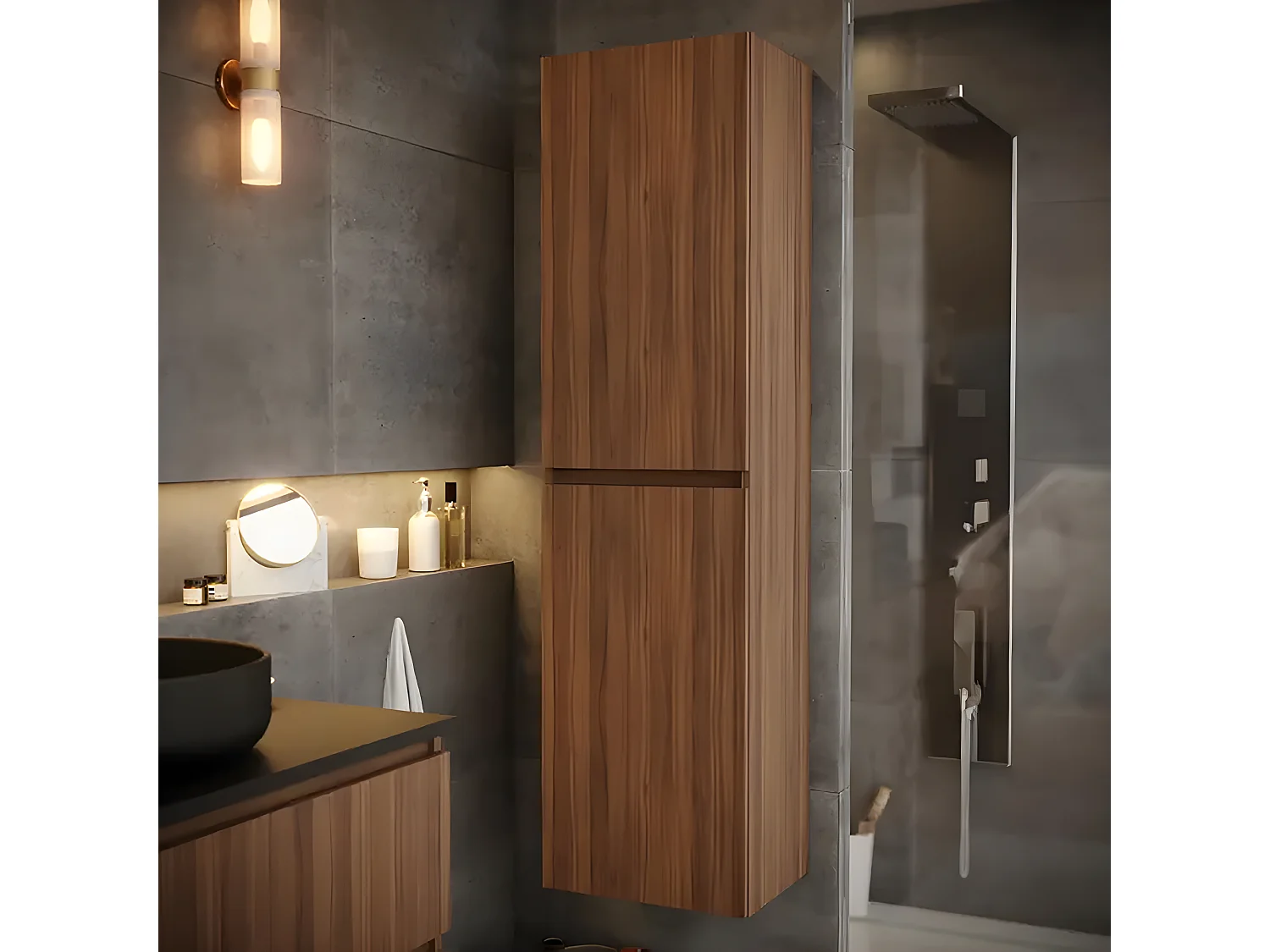 Colonne Meuble salle de bain en placage noyer naturel - Longueur 40 x Profondeur 31.6 x Hauteur 150 cm