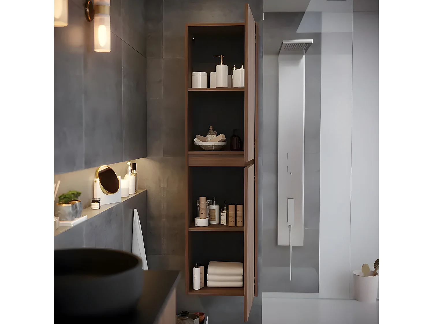 Colonne Meuble salle de bain en placage noyer naturel - Longueur 40 x Profondeur 31.6 x Hauteur 150 cm