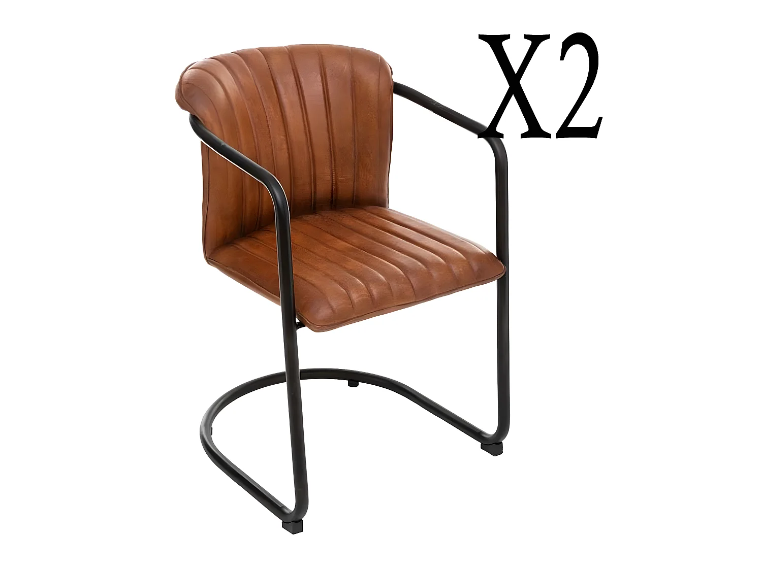 Lot de 2 fauteuils en cuir coloris cognac - Longueur 52 x Profondeur 62 x Hauteur 77,5 cm