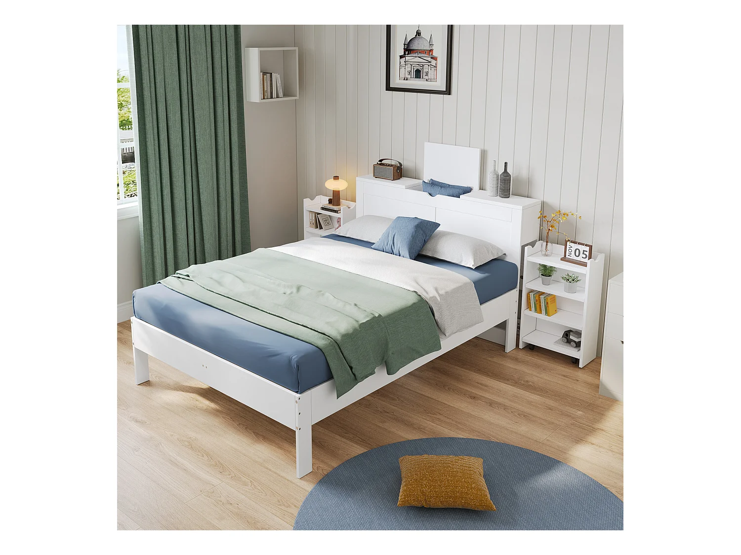 Houten bed 140x200 cm met hoofdeinde, geïntegreerde opbergruimte, 2 uitschuifbare nachtkastjes, MDF, wit (244,4x115x75 cm)