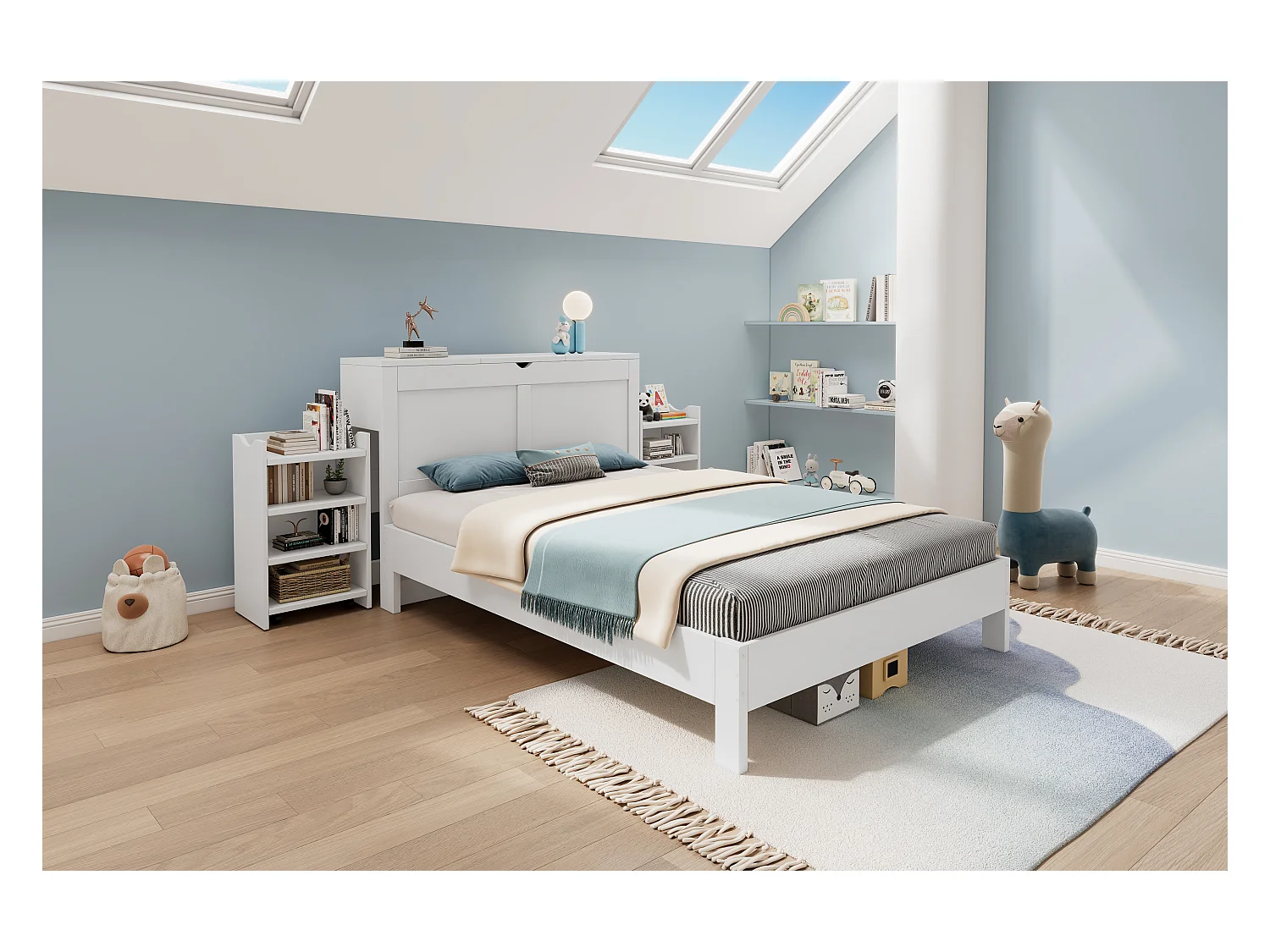 Houten bed 140x200 cm met hoofdeinde, geïntegreerde opbergruimte, 2 uitschuifbare nachtkastjes, MDF, wit (244,4x115x75 cm)