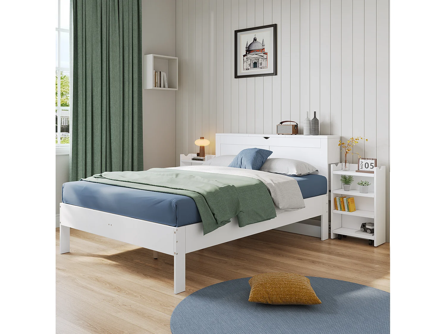 Houten bed 140x200 cm met hoofdeinde, geïntegreerde opbergruimte, 2 uitschuifbare nachtkastjes, MDF, wit (244,4x115x75 cm)