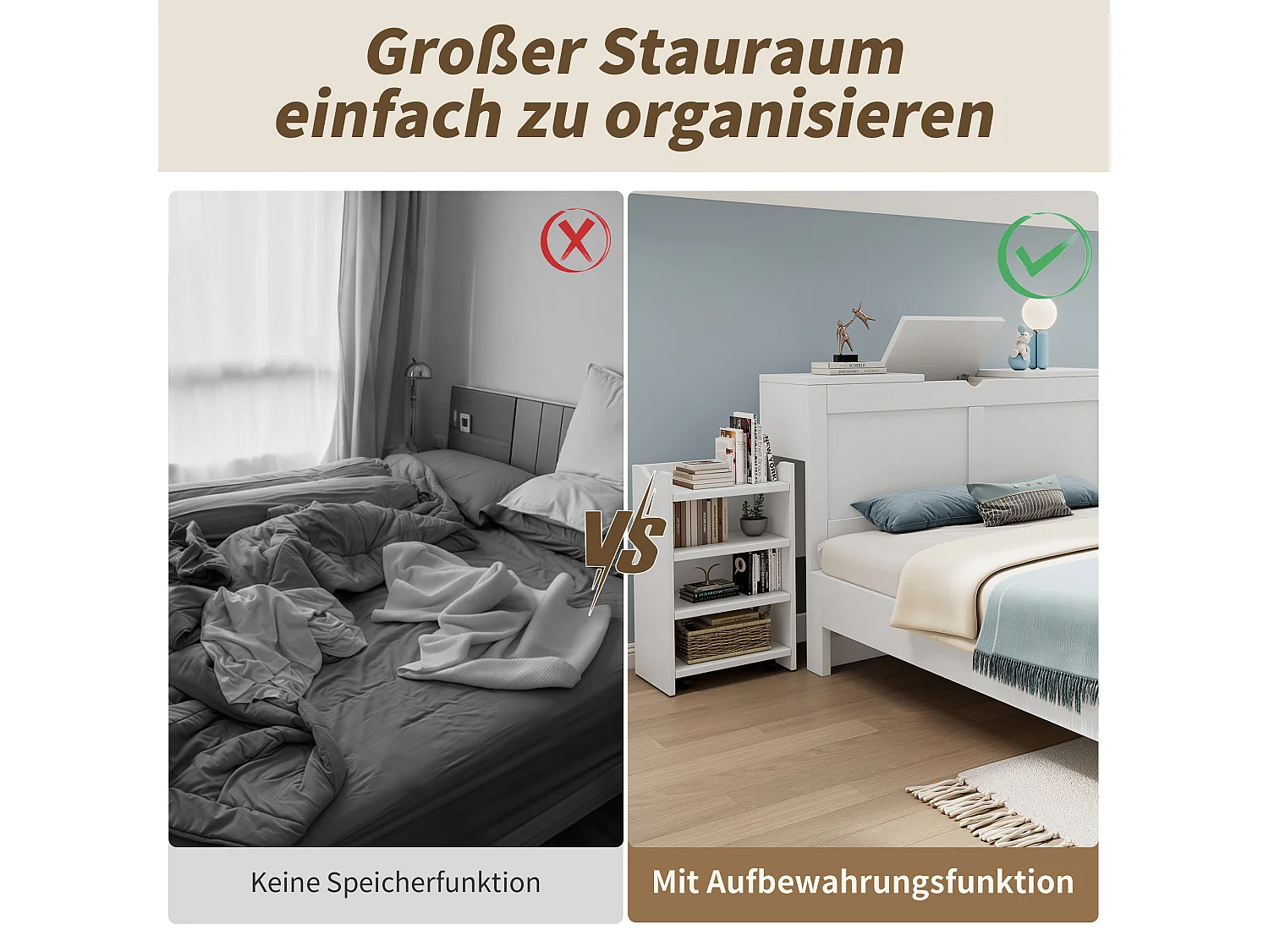 Houten bed 140x200 cm met hoofdeinde, geïntegreerde opbergruimte, 2 uitschuifbare nachtkastjes, MDF, wit (244,4x115x75 cm)