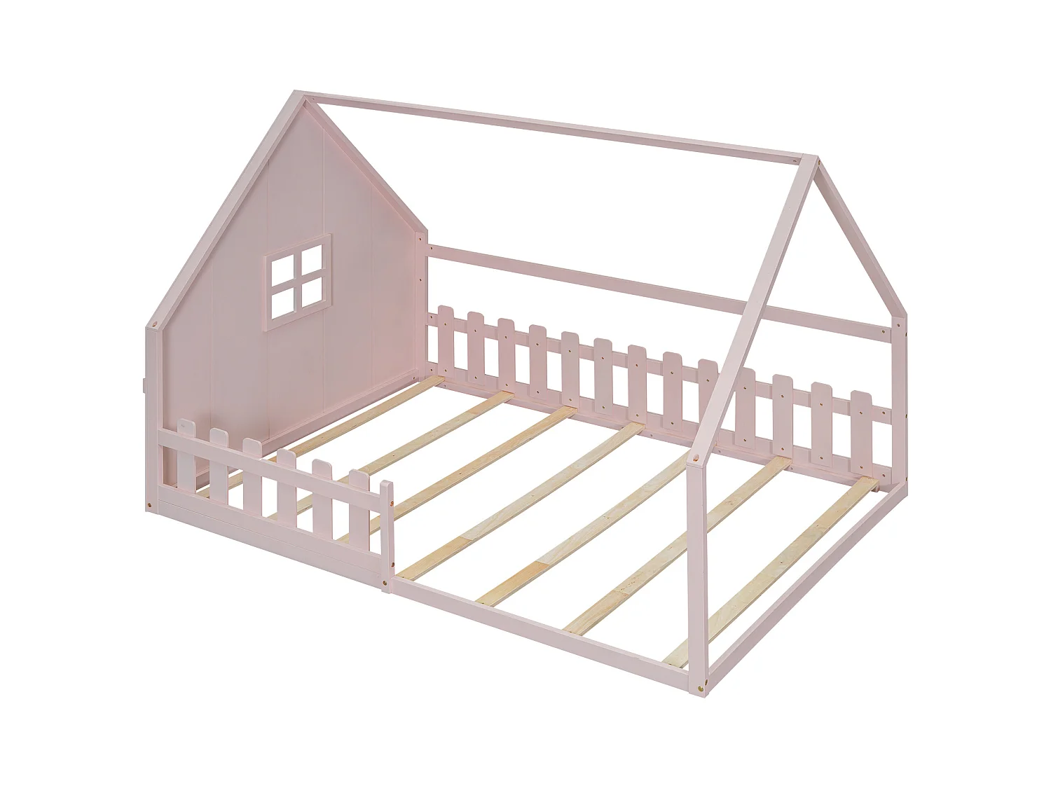 Letto per bambini 140x200 cm, in metallo, con sponde, scaletta, design casa, pino, rosa (204x145x139 cm)